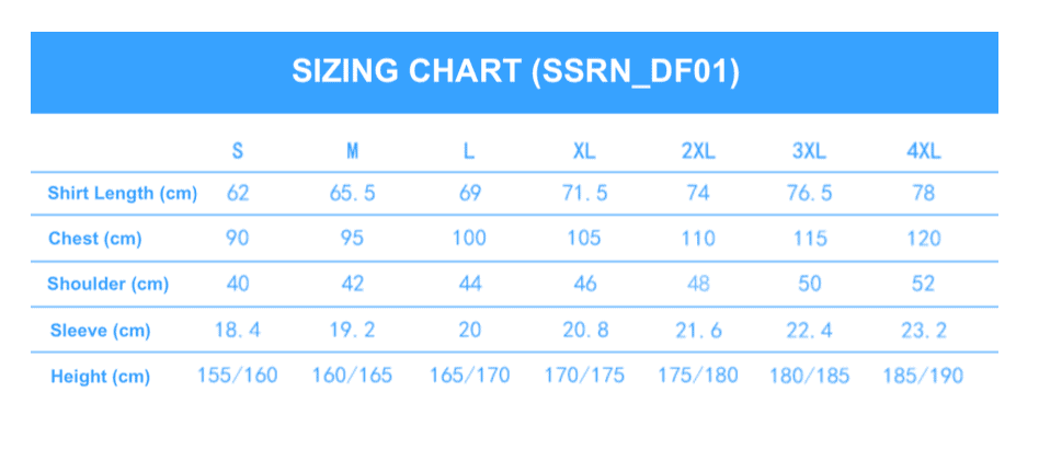 Performance Sports Shirt Drifit SSRN DF01 Sizing Chart