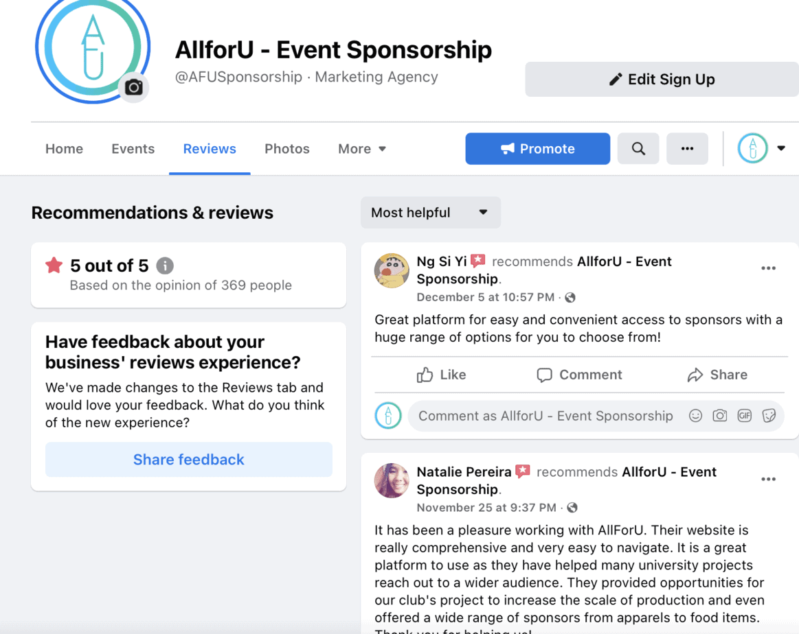 AllForU Facebook Review Business Page