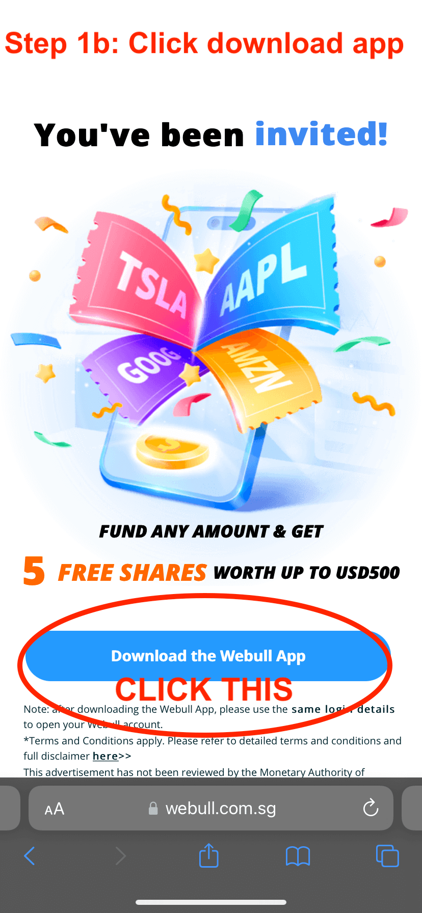 Webull Step 1b - click get free shares now